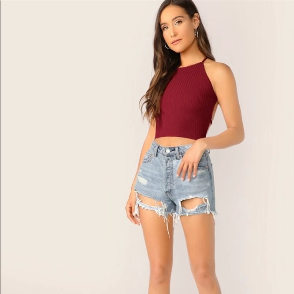 Red Lace-Up Backless Rib-Knit Top - NWOT - Picture 4 of 7